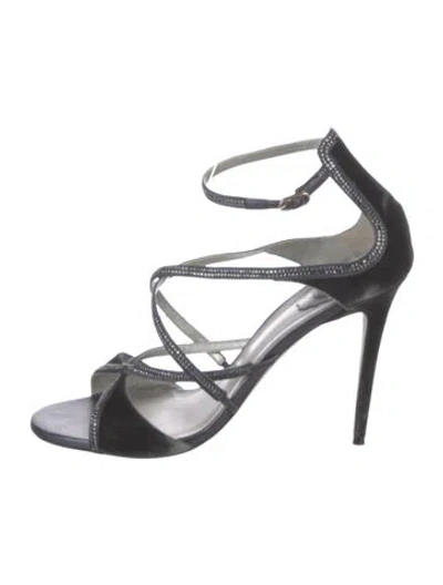 Pre-owned René Caovilla Velvet Crystal Embellishments Sandals In Gray