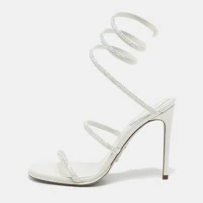 Pre-owned René Caovilla White Leather Cleo Crystals Sandals Size 37