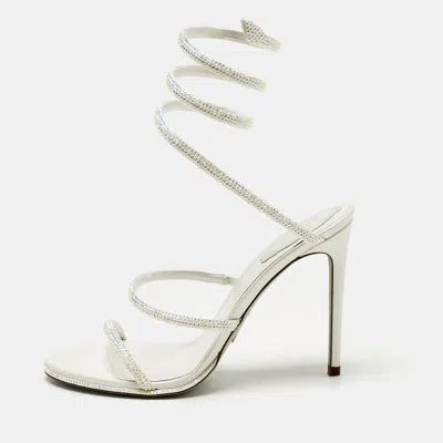 Pre-owned René Caovilla White Satin Cleo Crystals Sandals Size 39