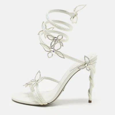 Pre-owned René Caovilla White Satin Crystal Embellished Margot Sandals Size 38