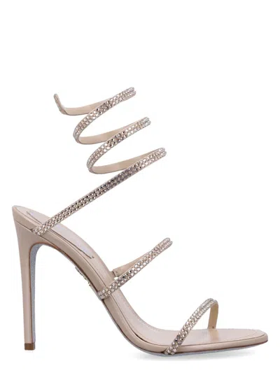 René Caovilla 105mm Embellished Leather Sandals In Beige Gold Satin