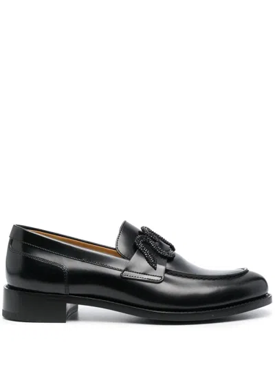 René Caovilla Snake Embroidered Lug Sole Leather Loafers In Black