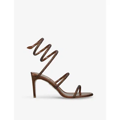 René Caovilla Womens Brown Cleo 80 Embellished-satin Heeled Sandals Eur 37.5 / 4.5 Uk