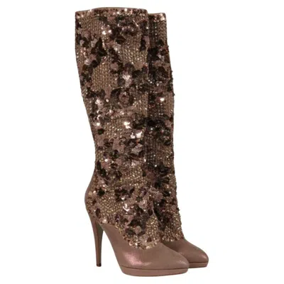 Pre-owned René Caovilla Rene Caovilla Womens Crystal Beaded Knee Boots Size Us 7.5 Eu 37.5 Silver Pink