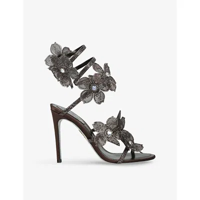 René Caovilla Womens Dark Brown Floral Cleo 105 Satin Heeled Sandals Eur 36 / 3 Uk