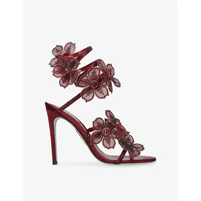 René Caovilla Womens Wine Floral Cleo 105 Satin Heeled Sandals Eur 39.5 / 6.5 Uk In Burgundy
