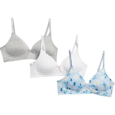 Rene Rofe Girl Kids' Katy 3-pack Wireless Bras In Grey/white/blue