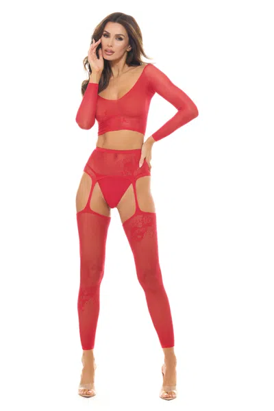 Rene Rofe Permanent Mark Long Sleeve Top And Garter Bodystocking Red - Os In Multi
