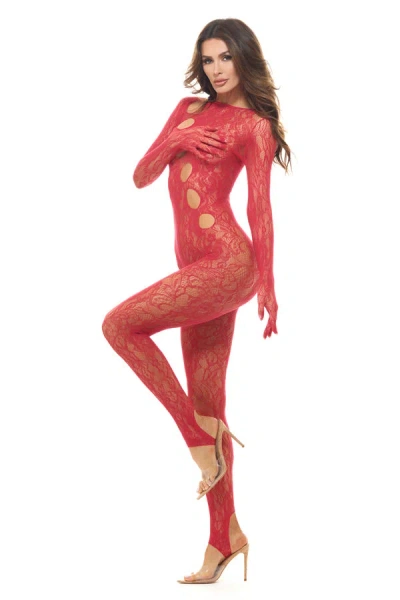 Rene Rofe Split Up Lace Bodystocking - Red - Os In Multi