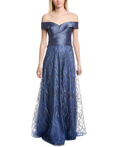 Rene Ruiz Banded Off-the-shoulder Metallic Tulle Gown