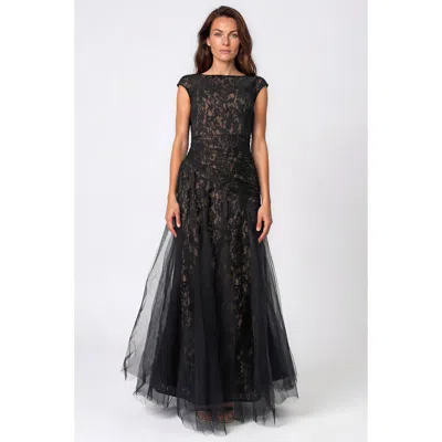 Rene Ruiz Bateau Neck Lace Tulle A-line Gown In Black