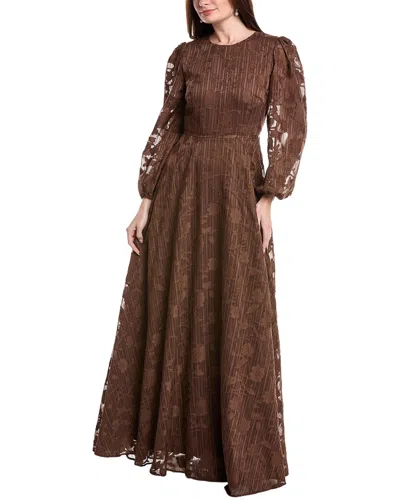 Rene Ruiz Bishop Sleeve Ornate Texture Empire Gown In Brown