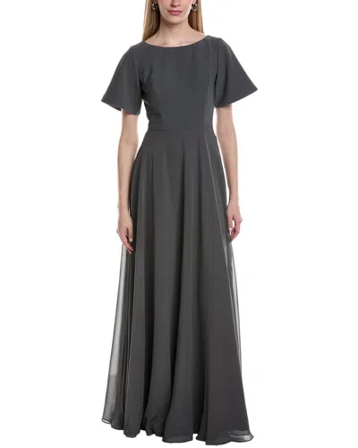 Rene Ruiz Boat Neck Chiffon A-line Gown In Gray