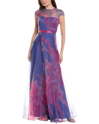 Rene Ruiz Cap Sleeve Sheer Overlay Floral Gown In Purple