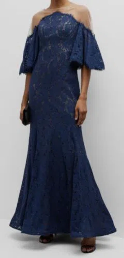 Pre-owned Rene Ruiz Collection $1295 Rene Ruiz Women's Blue Illusion-neck Lace Trumpet Gown Dress Size 14