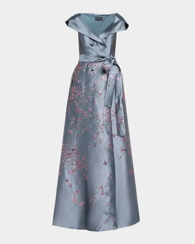 Rene Ruiz Collection Double-breasted Metallic Jacquard Gown In Blue