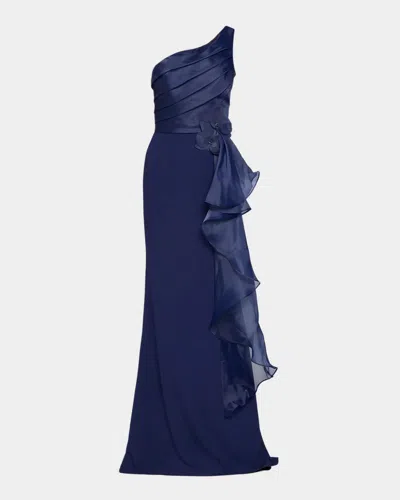 Rene Ruiz Collection Draped One-shoulder Trumpet Gown In Blue