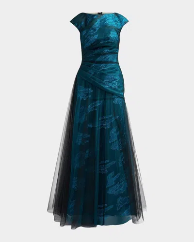 Rene Ruiz Collection Illusion Tulle & Fil Coupe Draped Gown In Teal