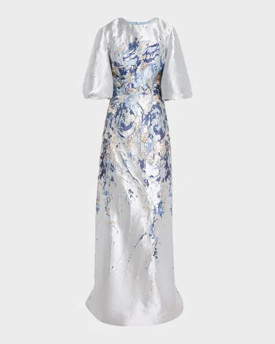 Rene Ruiz Collection Metallic Brocade Puff-sleeve Column Gown In Multi