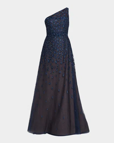Rene Ruiz Collection Metallic Embroidered One-shoulder Gown In Blue