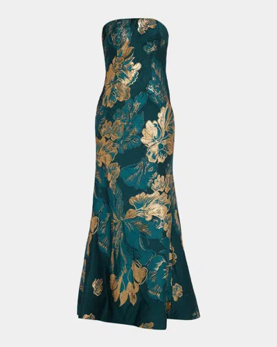 Rene Ruiz Collection Metallic Floral Jacquard Strapless Gown In Blue