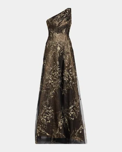 Rene Ruiz Collection Metallic Floral Tulle One-shoulder Gown In Brown