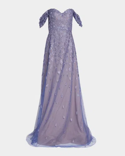 Rene Ruiz Collection Off-shoulder Embroidered Sweetheart Gown In Blue