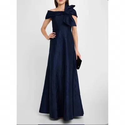 Rene Ruiz Collection Off-shoulder Floral Embossed Bow Gown Dress In Navy In Multi