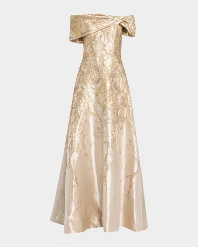 Rene Ruiz Collection Off-shoulder Metallic Jacquard Gown In Gold
