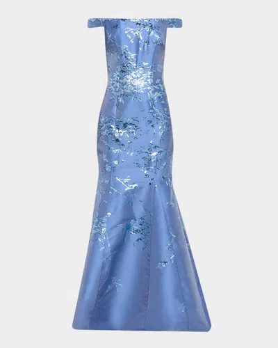 Rene Ruiz Collection Off-the-shoulder Brocade Fit & Flare Gown In Blue