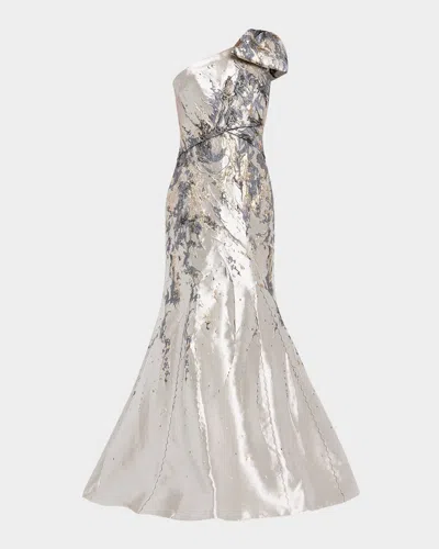 Rene Ruiz Collection One-shoulder Bow Metallic Brocade Trumpet Gown In Gray