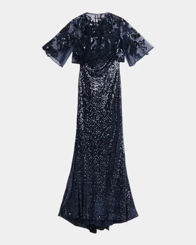 Rene Ruiz Collection Sheer Cape Sequin Column Gown In Blue