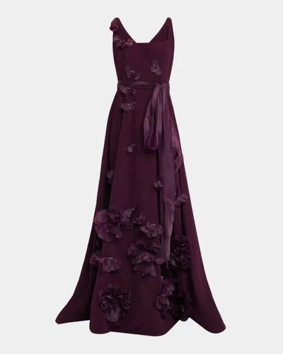 Rene Ruiz Collection Square-neck Floral Applique Gown In Purple