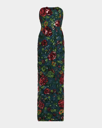 Rene Ruiz Collection Strapless Floral Sequin Gown In Blue