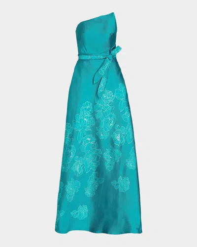 Rene Ruiz Collection Strapless Floral-embroidered A-line Gown In Blue