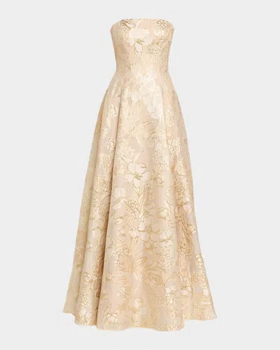 Rene Ruiz Collection Strapless Metallic Floral Jacquard Gown In Neutral