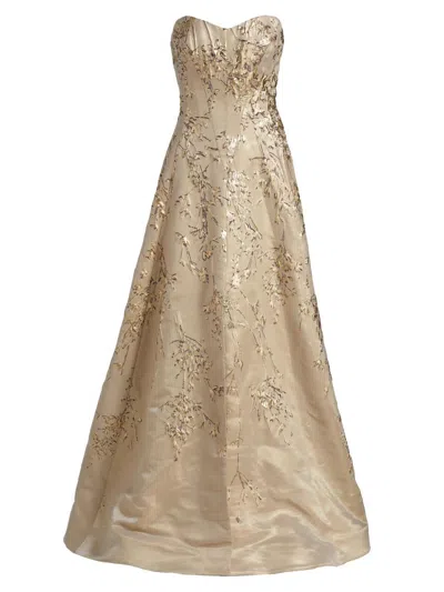 Rene Ruiz Collection Women's Brocade Sweetheart Neck Paneled Ball Gown In Gold