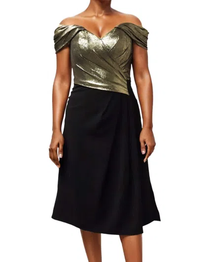 Rene Ruiz Collection Women's Colorblocked Metallic Trim Draped Knee Dress In Gold Black