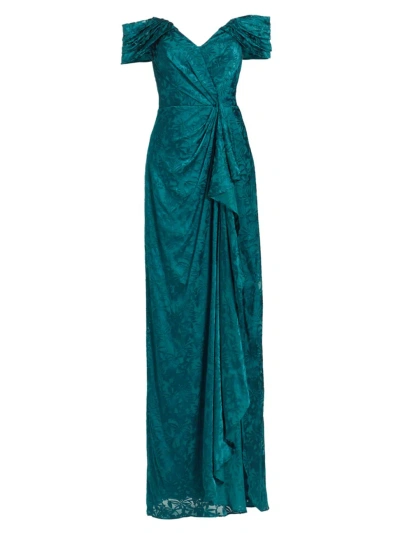 Rene Ruiz Collection Women's Draped Burn-out Silk Off-the-shoulder Gown In Dark Teal