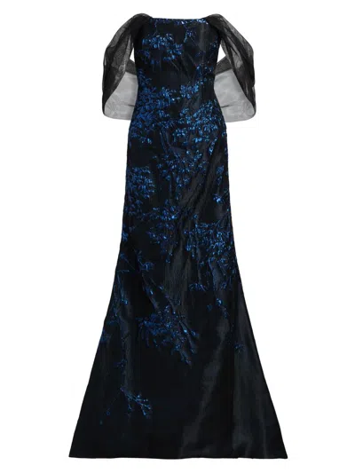 Rene Ruiz Collection Women's Draped-wrap Brocade Gown In Blue