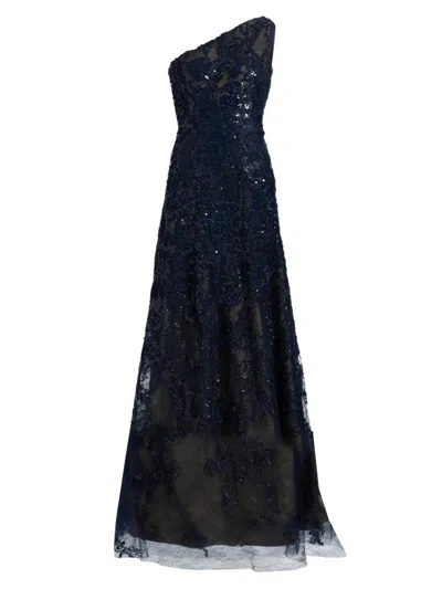 Rene Ruiz Collection Women's Embellished Tulle One-shoulder A-line Gown In Blue