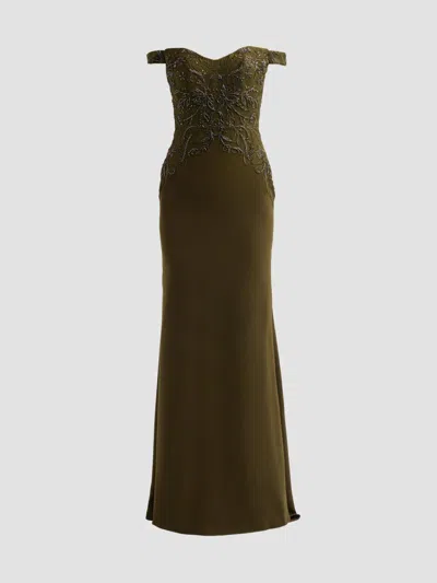 Rene Ruiz Collection Women's Embroidered Crêpe Off-the-shoulder Gown In Green