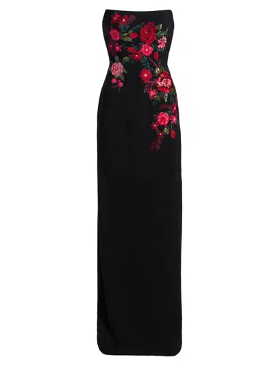 Rene Ruiz Collection Women's Embroidered Floral Crepe Strapless Column Gown In Black