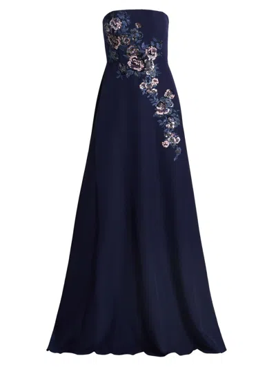 Rene Ruiz Collection Women's Embroidered Floral Crepe Strapless Column Gown In Blue