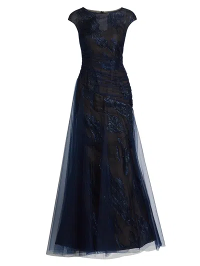 Rene Ruiz Collection Women's Embroidered Tulle Illusion Gown In Blue