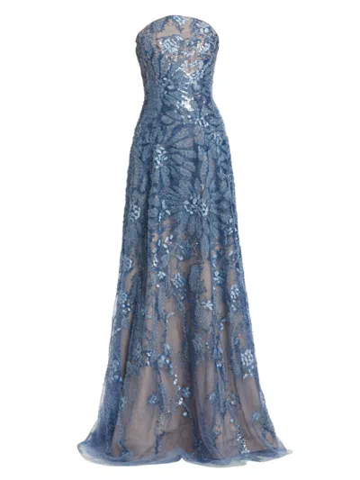 Rene Ruiz Collection Women's Floral Beaded Strapless A-line Gown In Blue