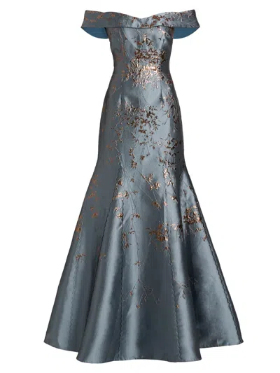 Rene Ruiz Collection Women's Floral Brocade Off-the-shoulder A-line Gown In Blue
