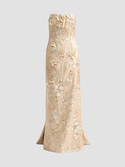 Rene Ruiz Collection Women's Floral Jacquard Train Column Gown In Gold