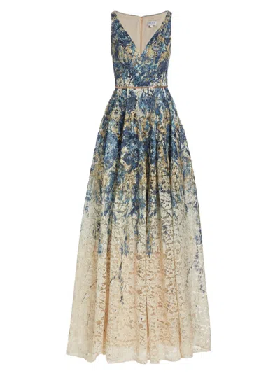 Rene Ruiz Collection Women's Floral Printed Lace A-line Gown In Blue Multi