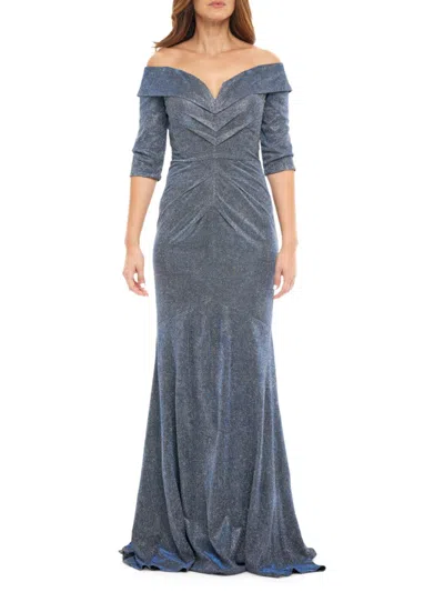 Rene Ruiz Collection Women's Metallic Knit Off Shoulder Mermaid Gown In Metallic Blue